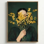 Contemporary figurative hand-painted canvas depicting woman holding yellow flowers against deep green background