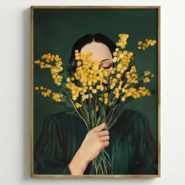Contemporary figurative hand-painted canvas depicting woman holding yellow flowers against deep green background