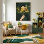 Contemporary figurative hand-painted canvas depicting woman with yellow flowers, deep green and gold palette, styled study space