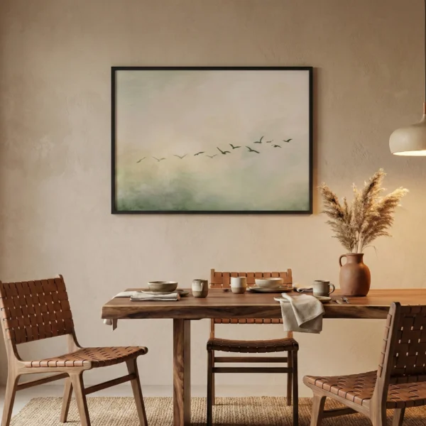 Minimalist landscape hand-painted canvas depicting migrating birds in muted greens and soft neutrals, contemporary dining space