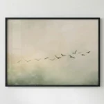 Minimalist hand-painted canvas depicting a flock of birds in formation flying through misty, muted green and cream tones, modern interior