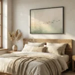 Minimalist landscape hand-painted canvas depicting birds in flight over misty green hills, soft neutral palette, contemporary bedroom
