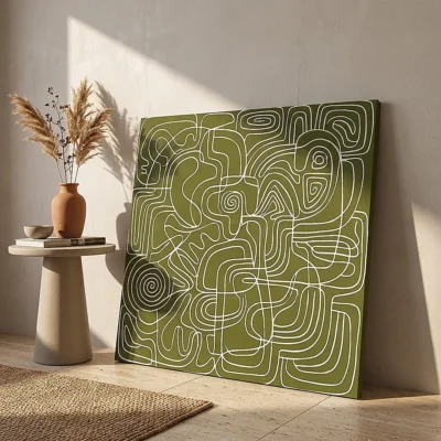 Verdant Labyrinth textured wall art shown framed on the wall in a styled interior