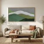 Layered landscape hand-painted canvas with rolling hills in sage, forest, and cream tones, contemporary living space