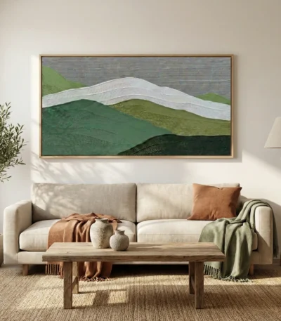 Layered landscape hand-painted canvas with rolling hills in sage, forest, and cream tones, contemporary living space