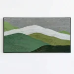Layered landscape hand-painted canvas with rolling hills in green, white, and grey tones, contemporary wall art