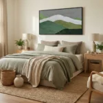 Contemporary landscape hand-painted canvas depicting layered green hills and white river in muted earth tones, modern bedroom