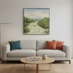 Impressionist landscape hand-painted canvas depicting lush green fields and distant mountains in soft pastels, contemporary living space