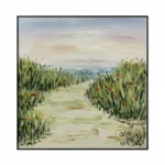 Contemporary landscape hand-painted canvas featuring coastal dunes, tall grasses, red wildflowers, and serene ocean horizon in soft pastels
