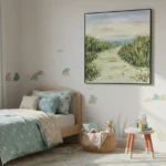 Impressionist landscape hand-painted canvas depicting a sunlit pathway through tall green crops with soft sky tones, children's room