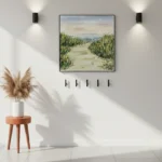 Impressionist landscape hand-painted canvas depicting a peaceful wheat field pathway with soft sky tones, contemporary interior