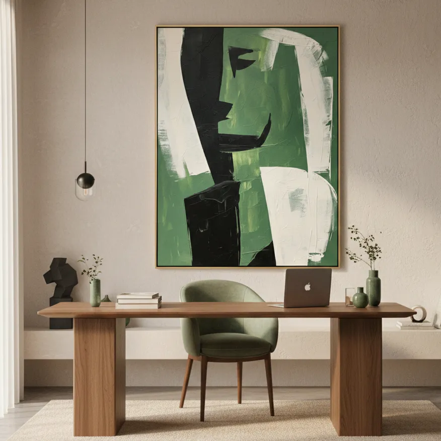 Verdant Silhouette Modern Green Black Geometric Strokes Abstract art Wall art (1.5) Contemporary abstract hand-painted canvas in bold green and black geometric forms with cream accents, modern workspace