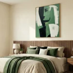 Gestural abstract hand-painted canvas in forest green, cream and charcoal with dynamic brushwork, modern bedroom