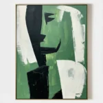 Contemporary abstract hand-painted canvas in layered greens, blacks and whites with gestural brushstrokes