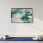 Layered abstract hand-painted canvas in blues, greens and cream with gestural brushstrokes, contemporary yoga studio