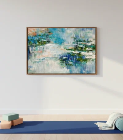 Layered abstract hand-painted canvas in blues, greens and cream with gestural brushstrokes, contemporary yoga studio