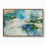 Gestural abstract hand-painted canvas in layered blues, greens and whites with dynamic brushwork and vertical drip details