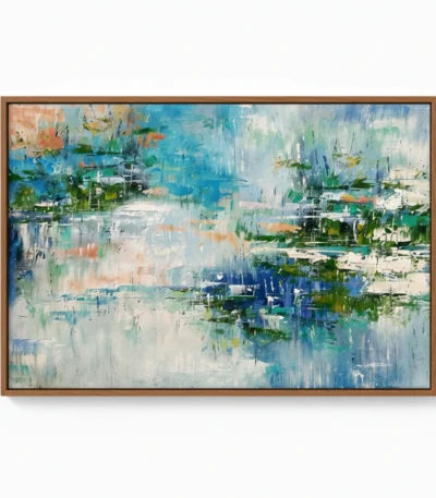 Gestural abstract hand-painted canvas in layered blues, greens and whites with dynamic brushwork and vertical drip details