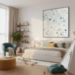 Textured abstract hand-painted canvas with scattered teal and green gestural marks on cream, modern bedroom setting