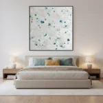 Textured abstract hand-painted canvas with gestural teal and white brushstrokes, modern bedroom setting