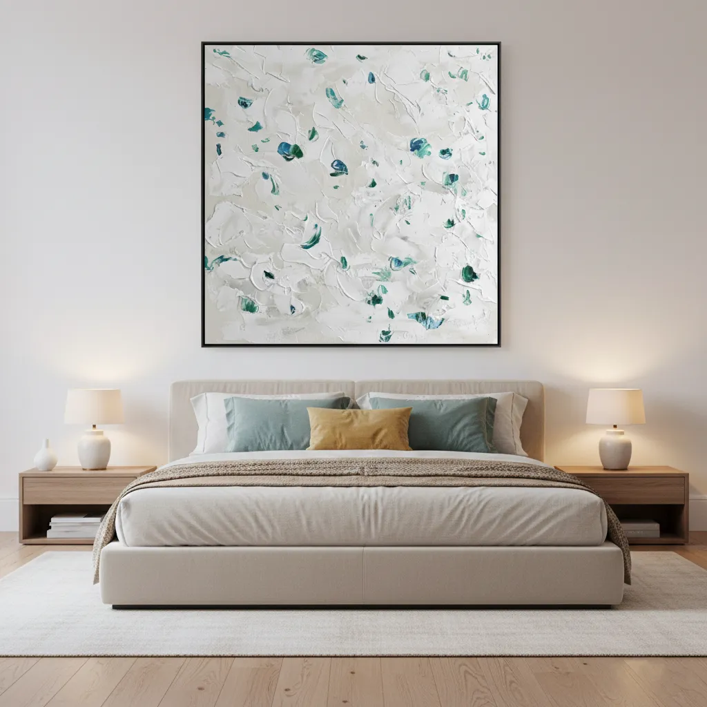 Veridian Frost Echo Cool-toned textured palette strokes Color art (1.5) Textured abstract hand-painted canvas with gestural teal and white brushstrokes, modern bedroom setting