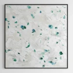 Textured abstract hand-painted canvas in creamy whites with teal and emerald green gestural marks, contemporary living space