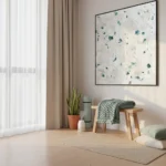 Textured abstract hand-painted canvas with scattered teal and sage brushstrokes on cream ground, contemporary living space