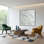 Textured abstract hand-painted canvas with gestural teal and white brushstrokes, contemporary living space
