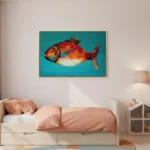 Contemporary figurative hand-painted canvas depicting a vibrant orange and red fish against turquoise background, children's bedroom