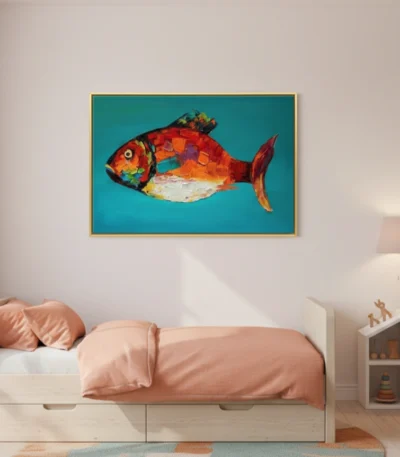 Contemporary figurative hand-painted canvas depicting a vibrant orange and red fish against turquoise background, children's bedroom