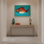 Contemporary figurative hand-painted canvas of a vibrant red and orange fish against turquoise background, minimalist entryway
