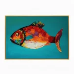 Textured contemporary hand-painted canvas featuring a vibrant red and orange fish with multicolored layered scales against turquoise background
