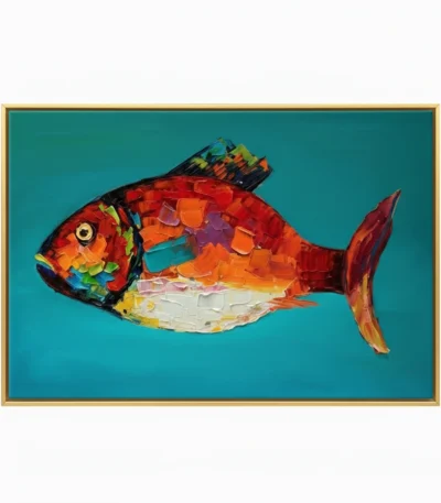 Textured contemporary hand-painted canvas featuring a vibrant red and orange fish with multicolored layered scales against turquoise background