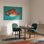 Figurative hand-painted canvas of a vibrant red and orange fish against turquoise background, contemporary dining space