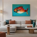 Expressionist hand-painted canvas of a vibrant red fish with textured brushwork against turquoise background, contemporary living space