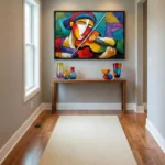 Cubist figurative hand-painted canvas of a violinist in bold primary colors and geometric abstraction, entryway setting