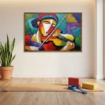 Cubist hand-painted canvas depicting a musician with violin in vivid jewel tones and geometric abstraction, yoga studio setting