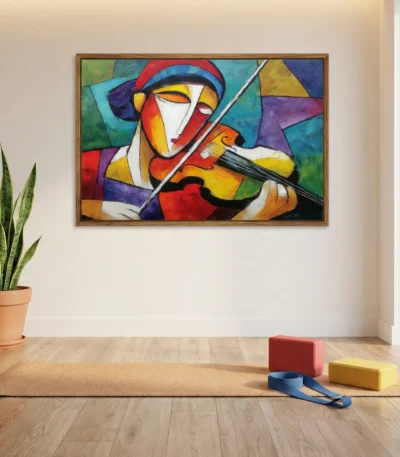 Cubist hand-painted canvas depicting a musician with violin in vivid jewel tones and geometric abstraction, yoga studio setting