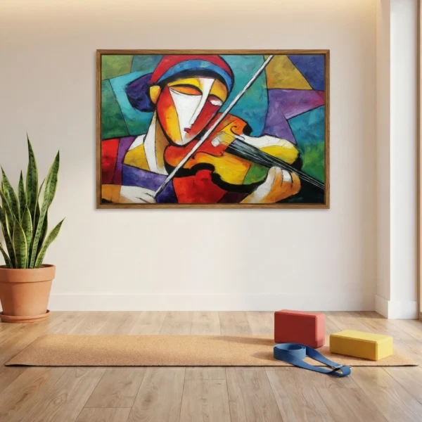 Cubist hand-painted canvas depicting a musician with violin in vivid jewel tones and geometric abstraction, yoga studio setting