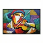 Cubist figurative hand-painted canvas of violin player with bold geometric forms in vibrant primary colors and jewel tones