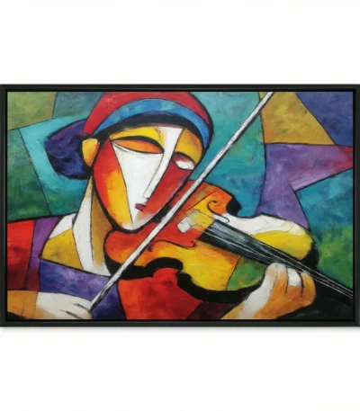 Cubist figurative hand-painted canvas of violin player with bold geometric forms in vibrant primary colors and jewel tones