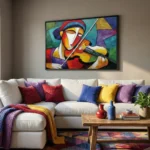 Contemporary figurative hand-painted canvas depicting musician with violin in bold cubist style, vibrant multicolored palette, modern living space