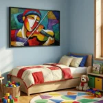 Contemporary figurative hand-painted canvas depicting a musician with violin in bold cubist style, vibrant multicolored palette, children's bedroom