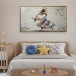 Gestural figurative hand-painted canvas of a twirling girl in colorful flowing dress with gold leaf accents, nursery setting