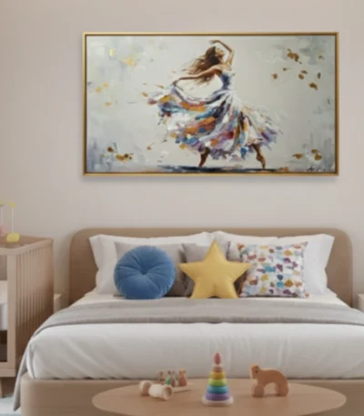 Gestural figurative hand-painted canvas of a twirling girl in colorful flowing dress with gold leaf accents, nursery setting
