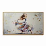 Expressionist hand-painted canvas of a dancing figure in flowing multicolored skirt with floating leaf details, warm and cool tones