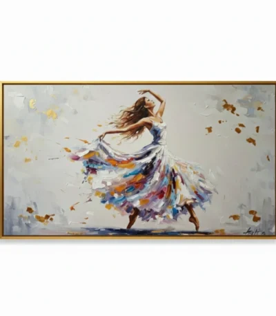 Expressionist hand-painted canvas of a dancing figure in flowing multicolored skirt with floating leaf details, warm and cool tones