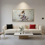 Gestural figurative hand-painted canvas depicting a flowing dancing figure in warm earth and blue tones, contemporary living space
