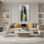 Gestural abstract hand-painted canvas in red, navy, and vibrant yellow geometric forms, contemporary living space