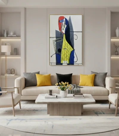 Gestural abstract hand-painted canvas in red, navy, and vibrant yellow geometric forms, contemporary living space